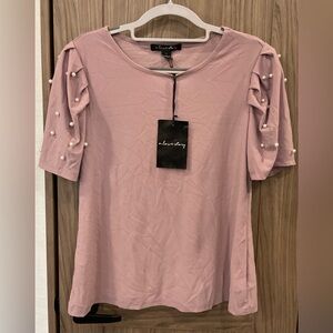 NWT A  Love Story Womens Short Sleeve W/beads Round Neck Purple Blouse Size S
